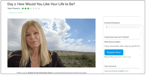Snapshot of Creating Your Life Course dashboard with the "How Would You Like Your Life to Be?" video featuring Rosalind Fritz.